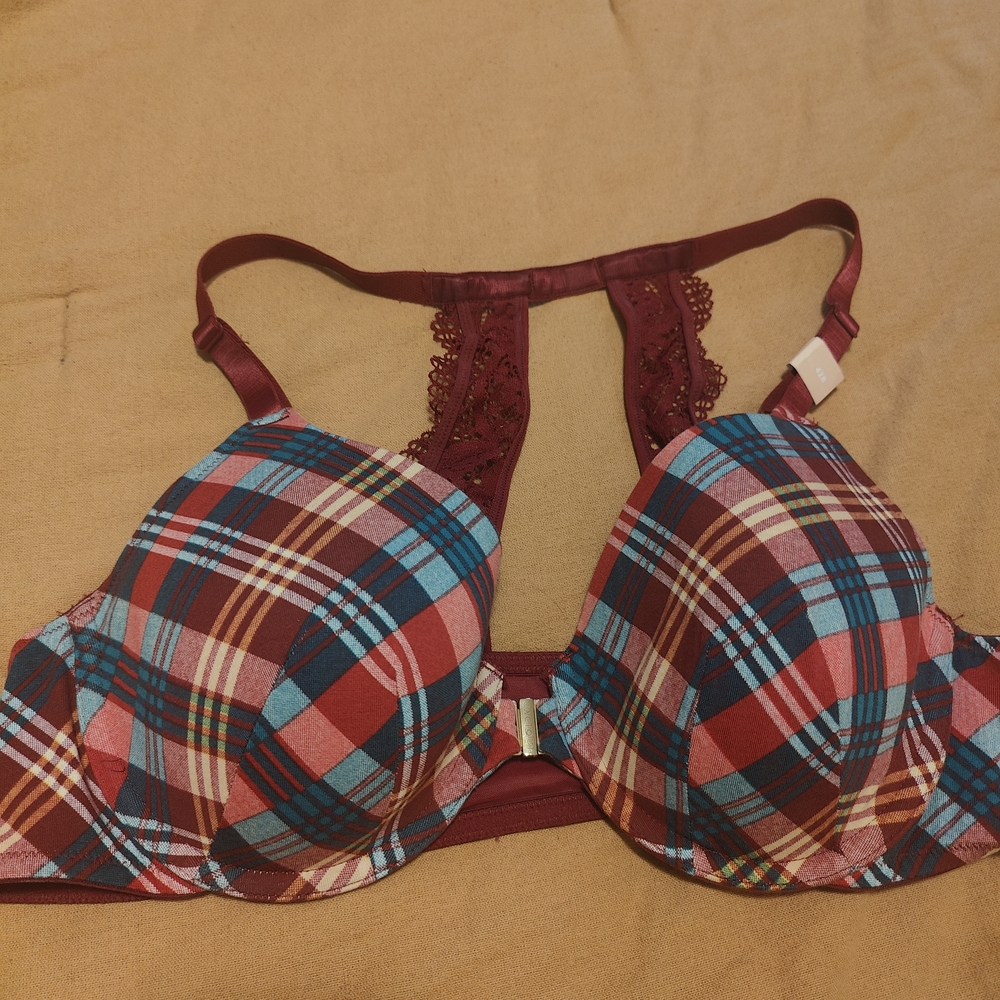 Cacique Plaid Lace Bra - Burgundy and Teal